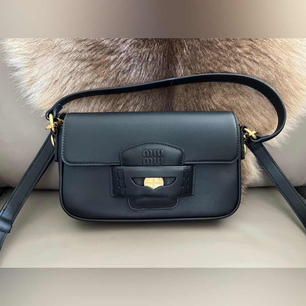 Black Leather Shoulder Bag with Gold Hardware